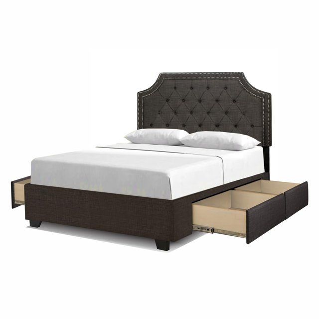 Audrey Lit Plateforme Grand en Tissu Rembourré "Steel-Core"/4 Tiroirs Gris