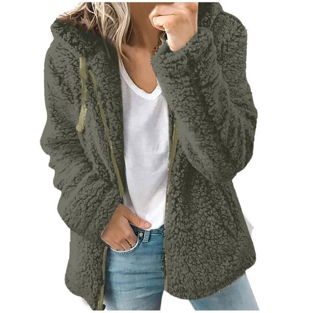 Womens Fuzzy Fleece Jackets 2023 Clearance Solid Zipper Sharpa Coat Fall Winter Warm Thick Hooded Jacket with Pockets