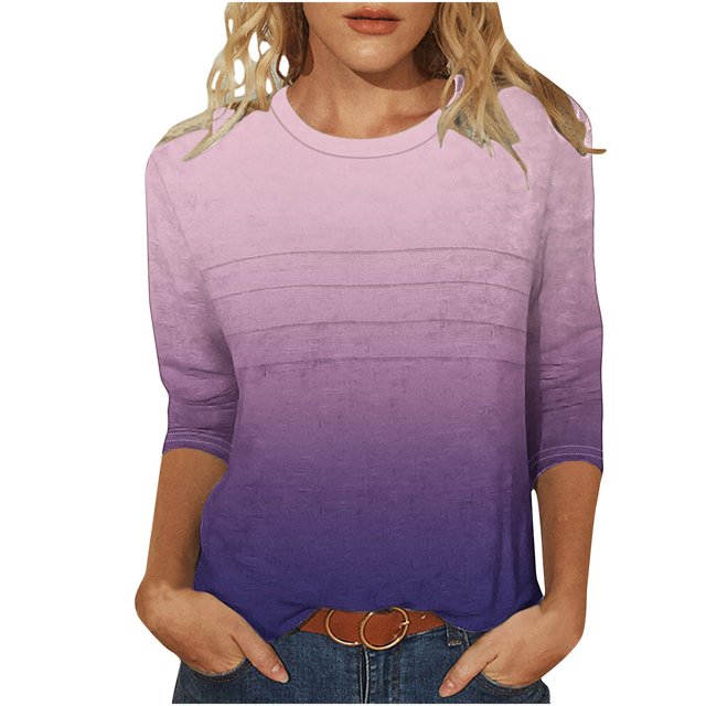 Olyvenn T-Shirts pour Femmes à Manches 3/4 Été 2025, Imprimé Dégradé, Col Rond, Décontracté, Basique, Coupe Tunique, Blouse, Violet, M