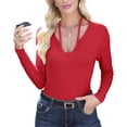 thumbnail image 2 of Vêtements d'Automne pour Femmes Chandails à Manches Longues à Col Licou en U en Tricot Côtelé Ajustés Basiques Décontractés Hauts Rouge P, 2 of 9