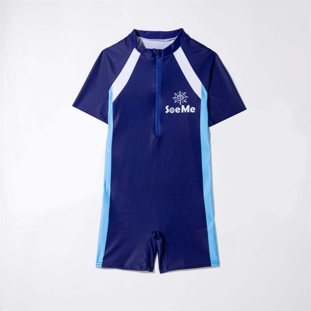 Girls Swimsuits One Piece 10-12 Water Sport Short Swimsuit UPF 50+ Rash Guard. This navy blue one-piece swimsuit features light blue side panels, short sleeves, and a front zipper for easy wear. Designed for kids aged 10-12, it offers UPF 50+ sun protection and quick-dry fabric, ideal for water sports and training. The 'SeeMe' logo is printed on the chest.