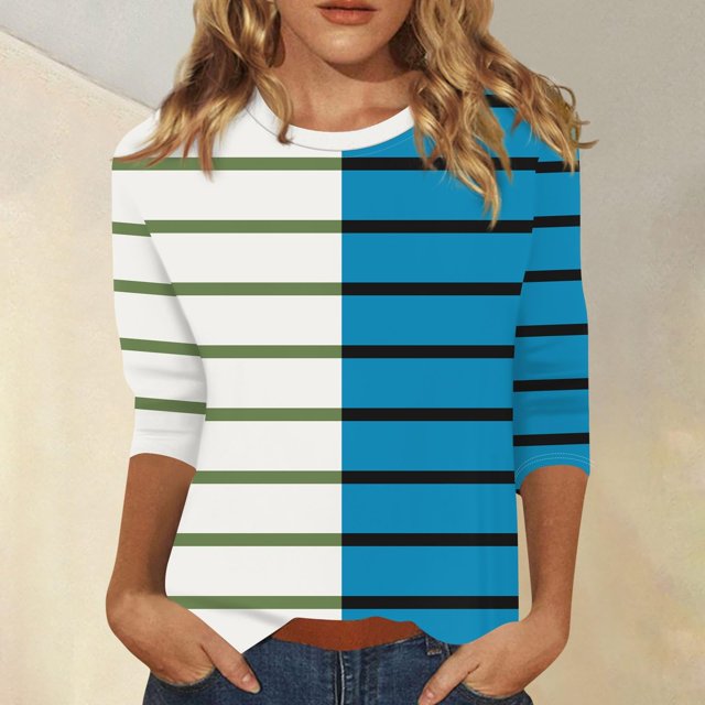 RXIRUCGD T-shirt à Rayures pour Femme à Col Ras du Cou à Manches 3/4, Bleu, Taille : S