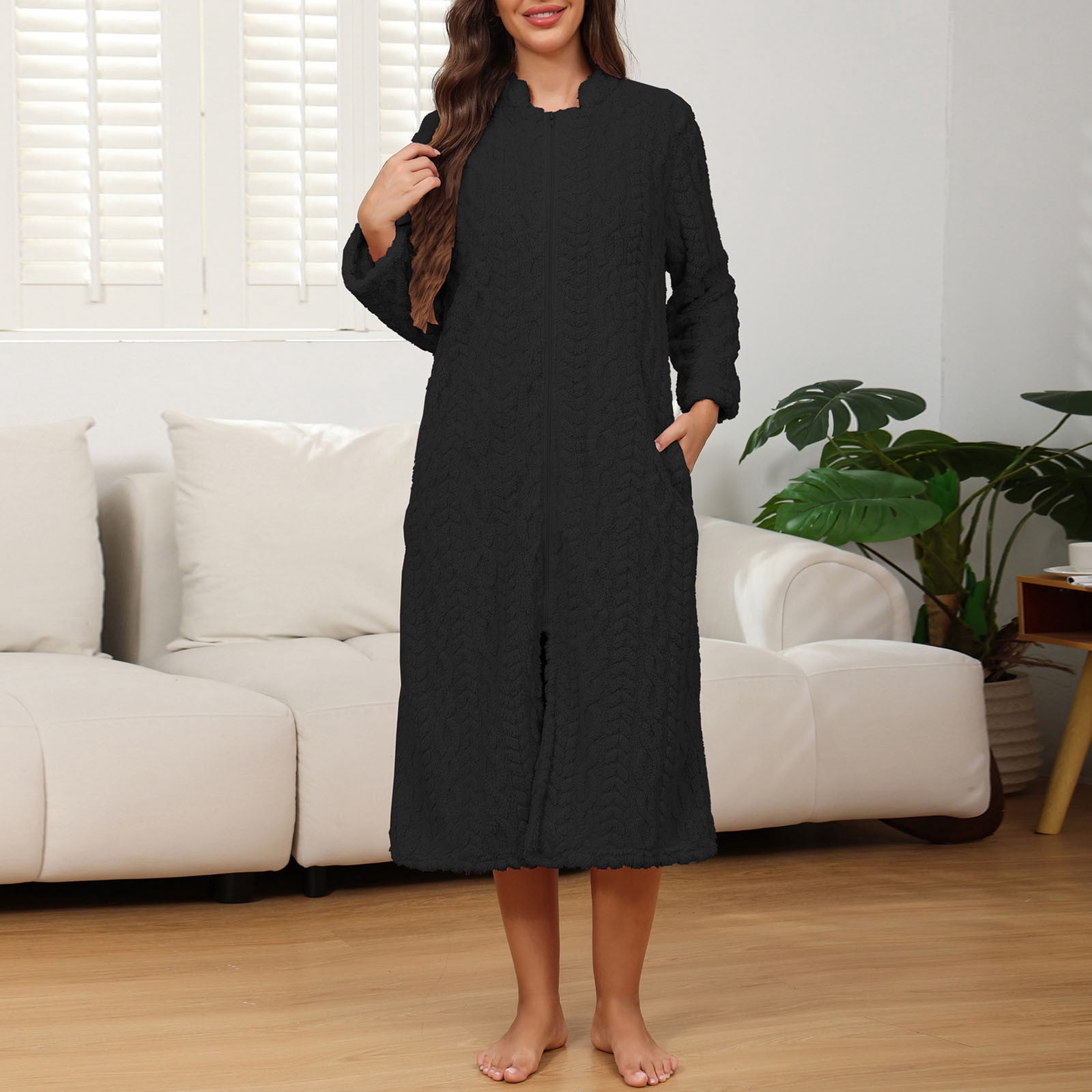 Women's Zip up Robe Fuzzy Fleece Long Bathrobe with Pockets Stand Collar Soft Warm Thermal Home Sleep Coat for Fall Winter Black M