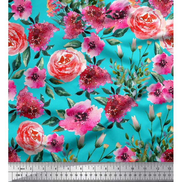 Soimoi Moss Georgette Fabric Leaves & Rose Flower Printed Fabric 1 Yard 42 Inch Wide