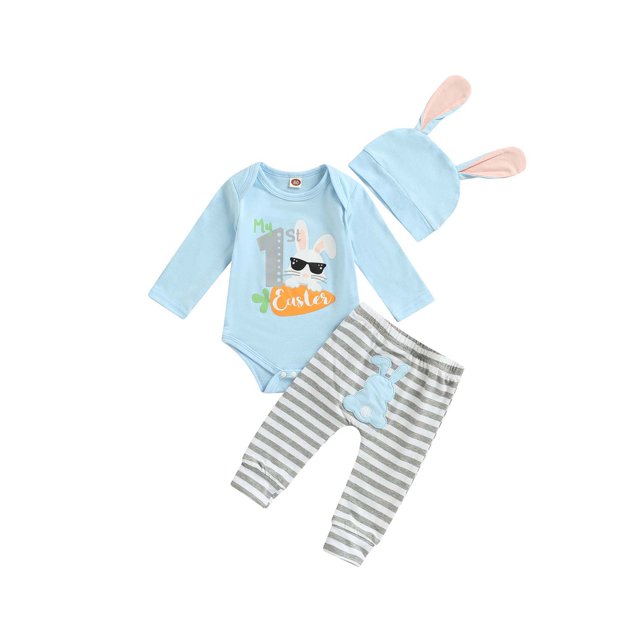 Gupgi 2 Pcs Vêtements de Bébé de Pâques Unisexe Manches Longues Rabbit Body+pantalon Rayé+chapeau