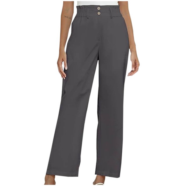 Timegard Lounge Pants for Women Elastic Waisted Button Straight Leg Ruched Casual Trousers with Pockets