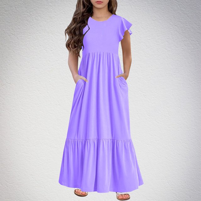 VKOYWKM Robes Maxi Décontractées pour Filles Manches Courtes Col Rond Robe à Étages avec Poches Robes d'Été pour 6-12 Ans
