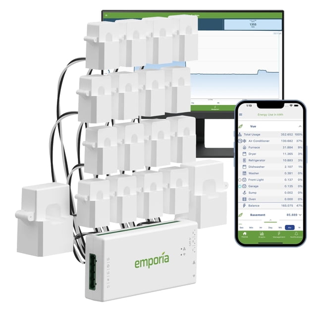 Emporia Gen 3 Moniteur d'Énergie pour Maison Intelligente avec 16 Capteurs de Niveau de Circuit 50A, Doté d'Un Concentrateur de Gestion de l'Énergie WhiteView, de Capteurs à Pince et d'Un Câblage Organisé. une Application pour Téléphone Intelligent Affichant l'Utilisation d'Énergie en Temps Réel et un Écran d'Ordinateur avec des Graphiques de Surveillance de l'Énergie Inclus. Idéal pour l'Automatisation de l'Énergie à la Maison, la Mesure Solaire/réseau et la Surveillance de l'Électricité