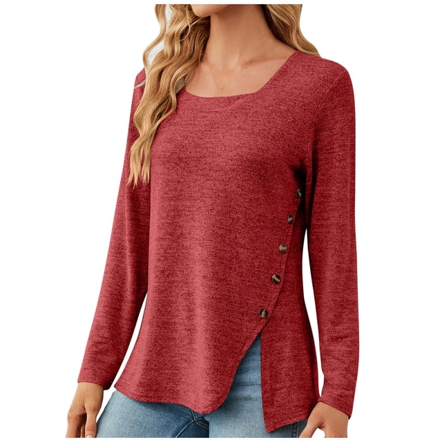 Timegard Hauts pour Femmes Col Carré Bouton Manches Longues Fendu Tee Confortable Automne Chic Décontracté Ample Blouse