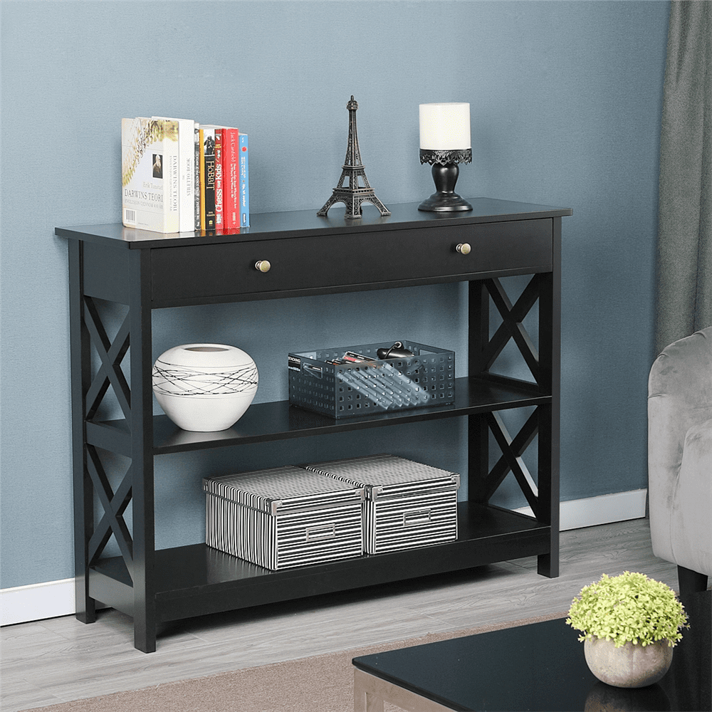 FullFurnique Wooden Console Table with 1 Drawer and 2 Open Shelves, Black