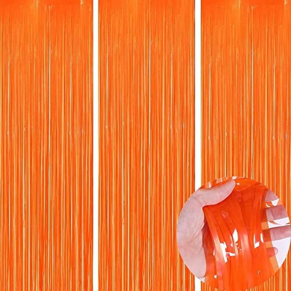 KIRIKOU Pack of 3 Orange Foil Fringe Curtains Backdrop Party Decoration, 3.2ft x 6.5ft Metallic Tinsel Curtain Photo Backdrop for Birthday Bachelorette Party Bridal Baby Shower Decorations