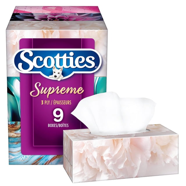 Scotties Supreme 3 Ply Soft & Strong Facial Tissue pack with 9 boxes, featuring a floral design on the tissue box and a purple label with the Scotties logo and white dog mascot, hypoallergenic and dermatologist tested, showing one box with a tissue partially pulled out.