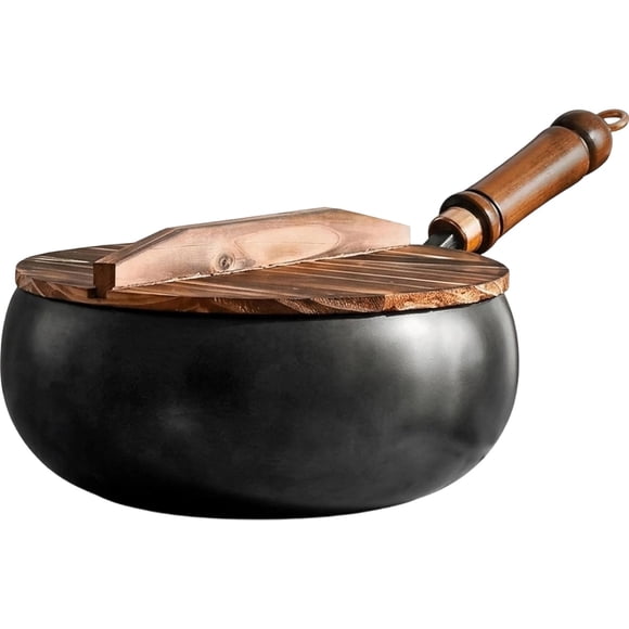 Japanese Wok Pan, Hand Hammered Uncoated Pot, Big Belly Stir-Fry Pan (9.45In) with Wood Lid, Chemical-Free Healthy Cooking, An Iron Pot