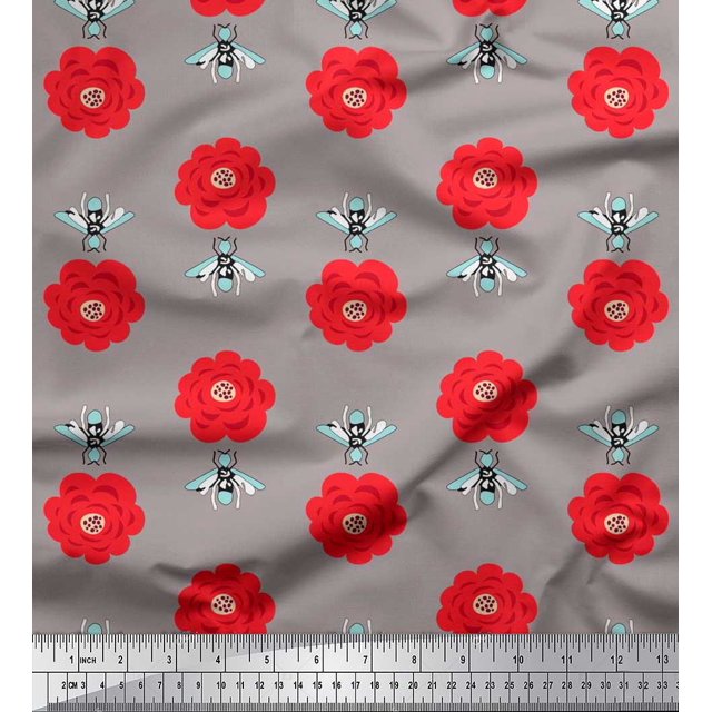Soimoi Poly Crepe Fabric Floral & Bee Insects Decor Fabric Printed Yard 42 Inch Wide