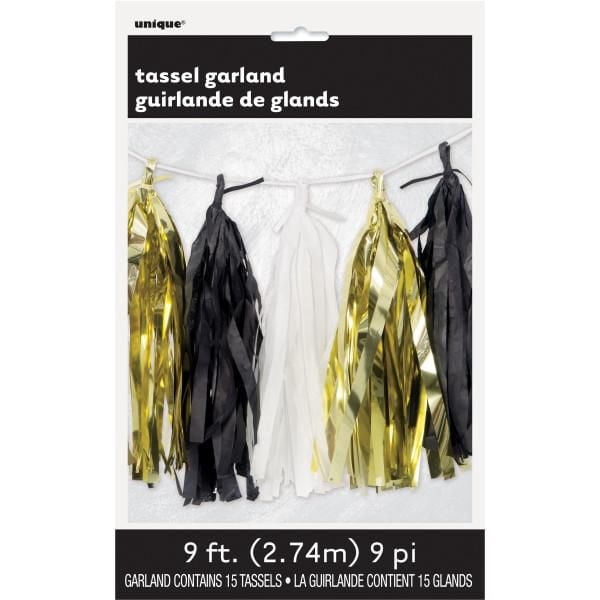 Gold, Black and White Tissue Tassel Garland, 9 ft