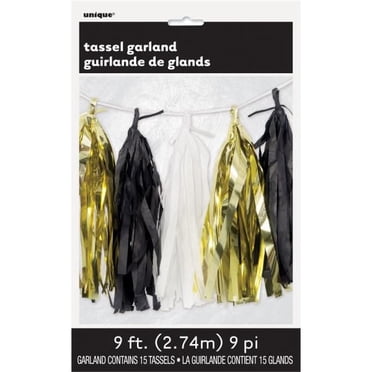Gold, Black and White Tissue Tassel Garland, 9 ft
