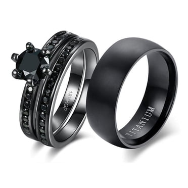 loversring Ensemble de Bagues pour Couple, Ensembles de Mariée, Lui Elle Femme, Plaqué Or Noir 18k, Oxydes de Zirconium, Hommes, Bague de Mariage en Titane, Ensemble d'Alliances, Taille Femme 8 et Taille Homme 11