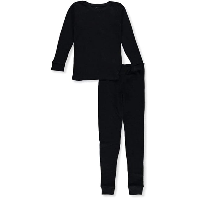 Boys' 2-Piece Thermal Long Underwear by HESIGND, featuring a black thermal top with fitted cuffs and a tagless neckline, paired with matching black thermal bottoms with an elastic waistband and fitted cuffs. Made from 95% cotton and 5% lycra for comfort and flexibility. Machine washable and suitable for layering in cold weather.