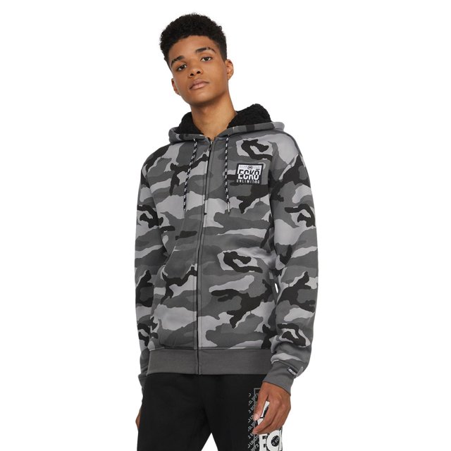 ECKO UNLTD Nomad Chandail à Capuchon Sherpa à Fermeture Éclair en Molleton camouflage Gris et Noir avec Fermeture Éclair Complète à l'Avant, Poignets et Ourlet Côtelés, Poches Passepoilées et logo ECKO sur le Haut de la Poitrine, Assorti à un Pantalon Noir, Convient pour un Usage Décontracté d'Automne.
