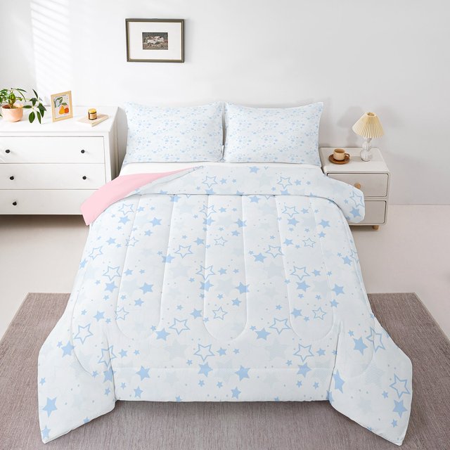 Erosebridal Kawaii Blue Stars Bedding Comforter Set, Princess Dreamy Down Comforter, Reversible 2 Pieces