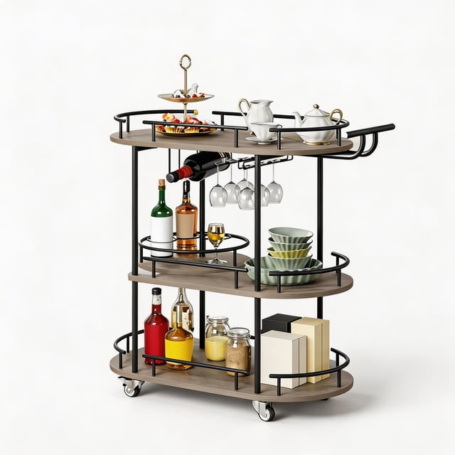 Garvee Bar Serving Cart with 3 Tier Storage Shelves, Wine Rack, Glass Holder, Black and Gray