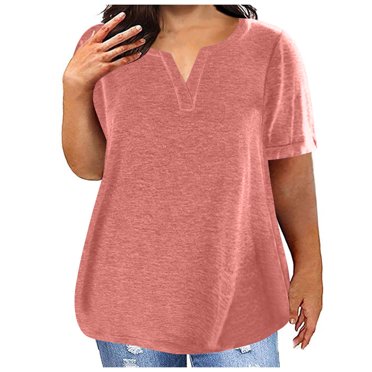 Virmaxy Womens 2024 New Summer Trendy Oversized Blouse Tops V-Neck Solid Color Short Sleeve Large Size T-Shirt Top Short Sleeve V-Neck Top/Shirt Orange-B L