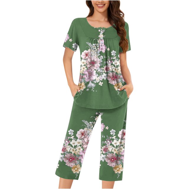 Rbaofujie Chemise de Nuit Femme Décontractée Col Rond Manches Courtes Blouse Pantalon Mode Pyjama Ensemble Halloween Nuisette