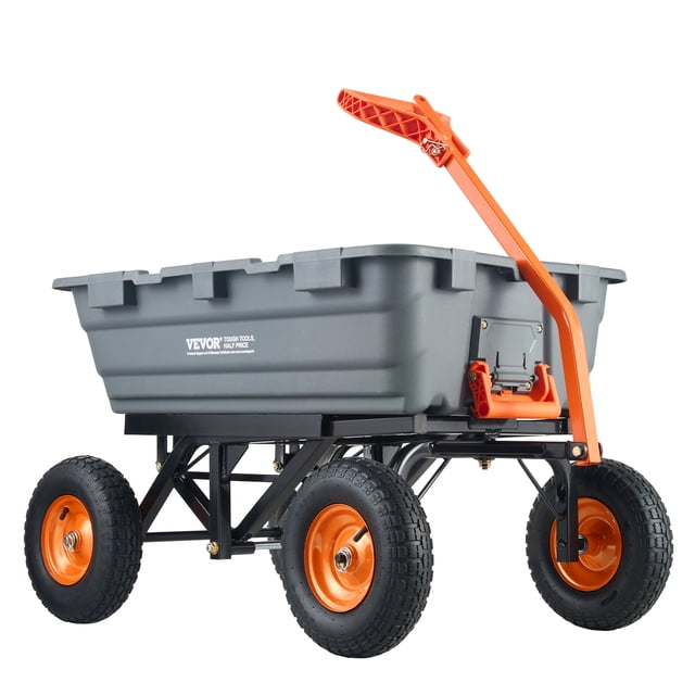VEVOR Chariot-Benne, un Chariot-Benne de Jardin en poly avec une Poignée convertible 2-en-1, Montré sur une Vue Latérale. le Chariot Présente une Trémie en PP Grise durable Soutenue par un Cadre Métallique Q235A Noir, capable de Manutentionner jusqu'à 1500 Lb. Il Est Équipé de Quatre Pneus en Caoutchouc de 13 Pouces avec des Moyeux orange pour une Excellente absorption des Chocs et un Mouvement Fluide sur terrain Rugueux. la Poignée Ergonomique orange Permet un Contrôle à 180° et Peut Se Raccorder à des Rem