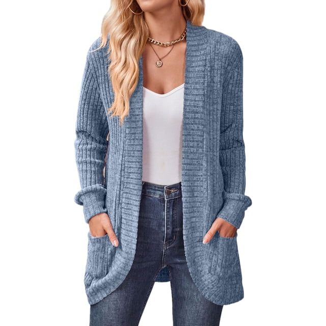 MAWCLOS Ladies Cardigan Sweater in sky blue, featuring a long sleeve, open front design with a solid color and knitted texture. Made from 100% polyester, this lightweight and cozy cardigan is collarless and hip-length, with two large front pockets. Styled for casual, office, or daily wear, it pairs well with skinny jeans and boots for a chic look. Size S shown.