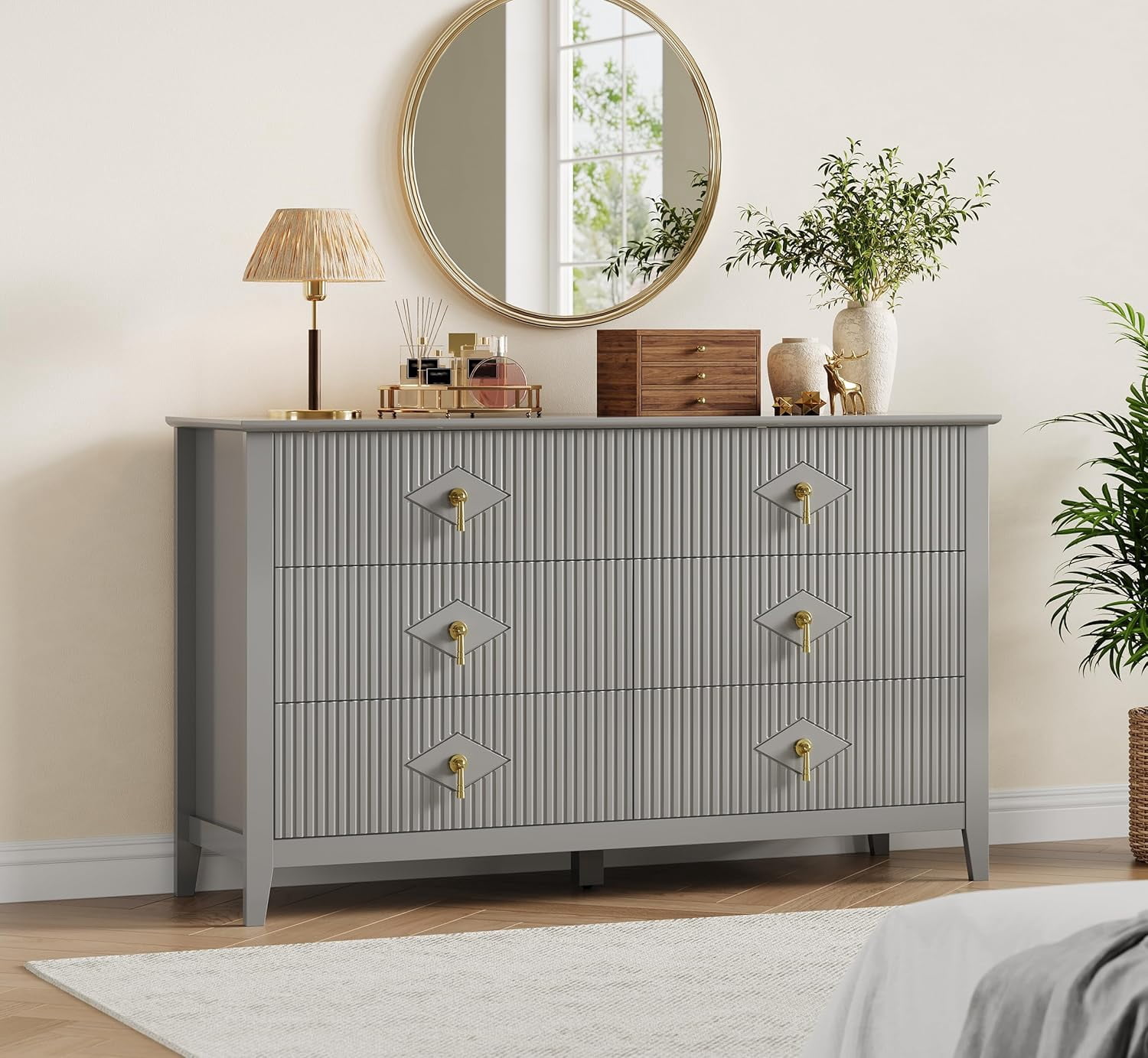 Dresser for Bedroom with 6 Drawers, 54 in Extra Wide Modern Chest of Drawers with Metal Handle, Dresser TV Stand, Wood Drawer Organizer for Bedroom, Living Room, Hallway
