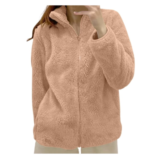 Kcodviy Women's Solid Color Fleece Jacket Women Full Zip Jacket Collar Zip Up Fleece Jacket inside Pockets Cozy Outerwear