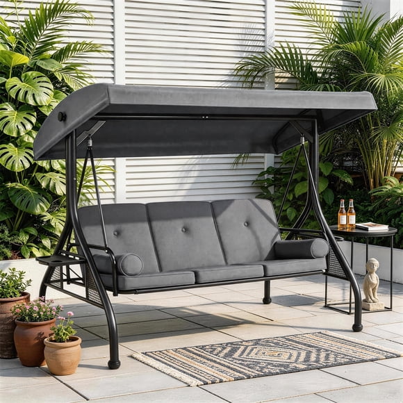 Clouddwell Porche Extérieur Swing avec Support et Auvent, Porche Swing 3 Places avec Support pour Jardin, Cour et Balcon, Gris