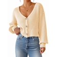 thumbnail image 3 of Women'S Long Sleeve V-Neck Button Down Rib Knit Cropped Cardigan Sweater Apricot S, 3 of 9