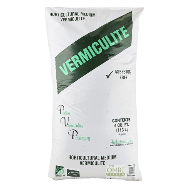 PVP Industries Medium Vermiculite Professional Grade Soil Conditioner, 4 cu. ft., packaged in a white bag with green and black text reading 'horticultural medium vermiculite.' The bag is labeled as asbestos-free and OMRI listed, ideal for soil amendment, growing media, and gardening applications.