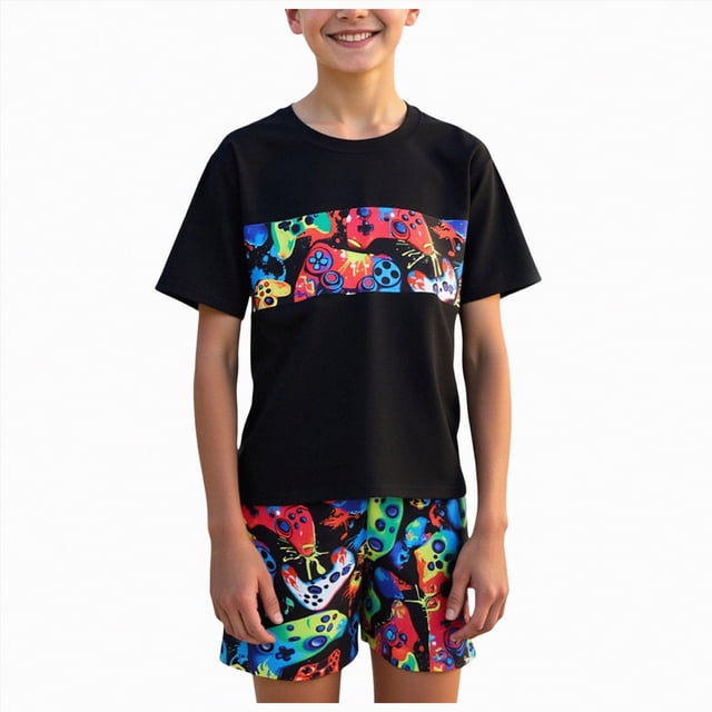 Gubotare Rash Guard for Boys 2 Piece Boys Short Sleeve Rash Guard Swimsuit Set with Swim Trunks Size 8 Years (Black,8 Years)