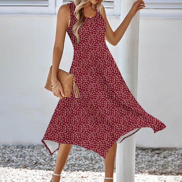 Ovzne Robes pour Femmes Robe d'Été Imprimée Sans Manches avec Poches Ourlet Irrégulier Col Rond Robe de Vacances Imprimée en Liquidation