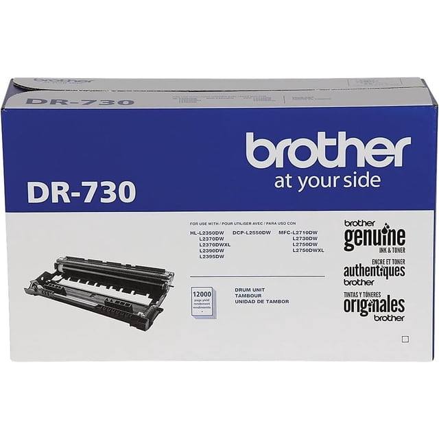 Brother DR730 Boîtier de Tambour Authentique en Bleu et Blanc, Montrant le Modèle DR-730 et la Compatibilité avec Diverses Imprimantes Brother, Conçu pour un Rendement jusqu'à 12 000 pages mono Imprimées au laser, Servant de Pièce de Rechange d'Imprimante Fiable et de Tambour d'Imagerie.