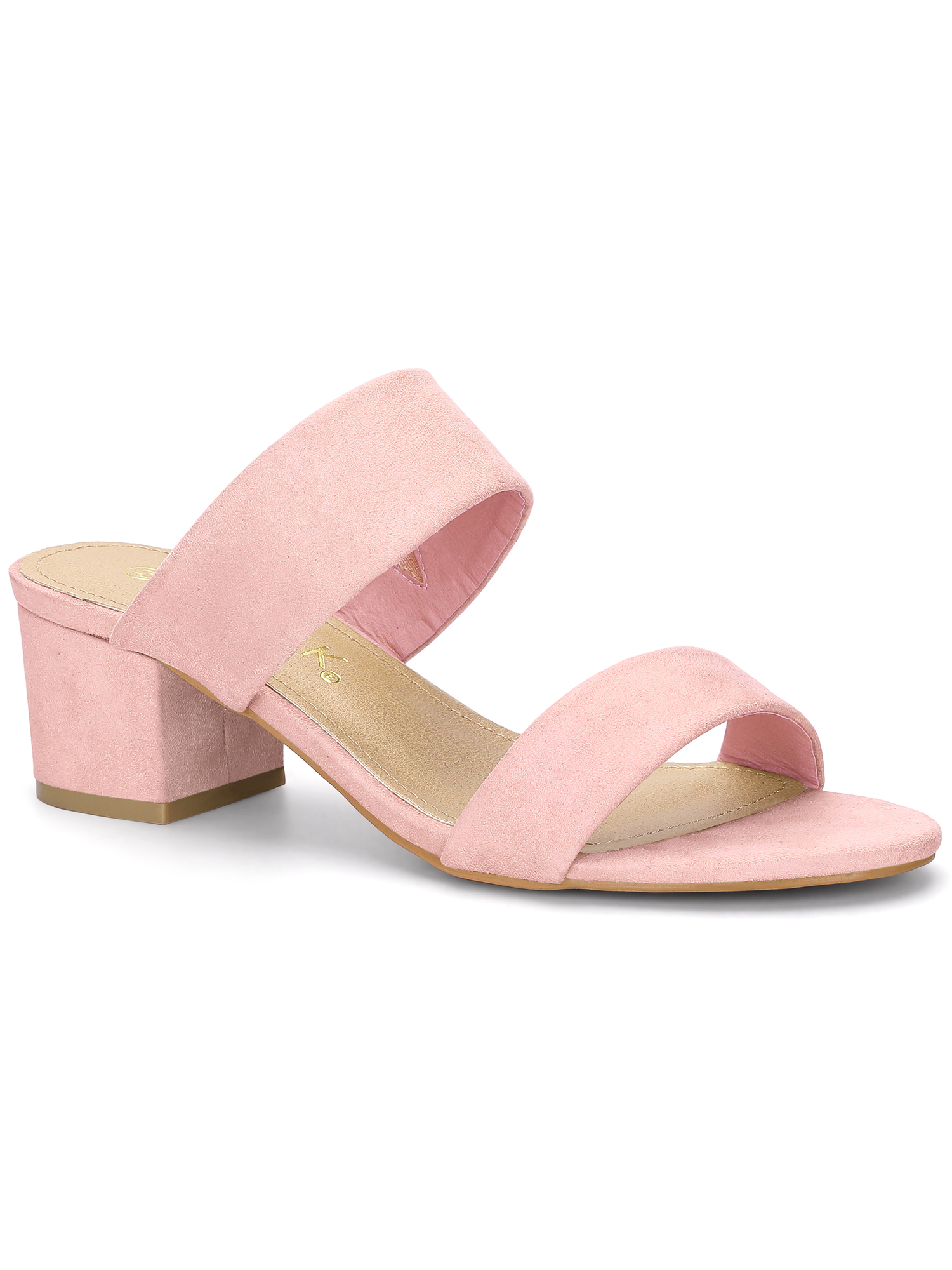 BLISSFUL STEP Women's Shoes Dual Straps Mid Block Heel Slide Sandals Light Pink 5.5