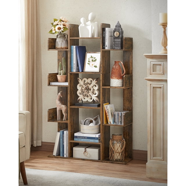 VASAGLE Bookshelf, Tree-Shaped Bookcase with 13 Storage Shelves, 33.9”L x 9.8”W x 55.1”H, Rustic Brown