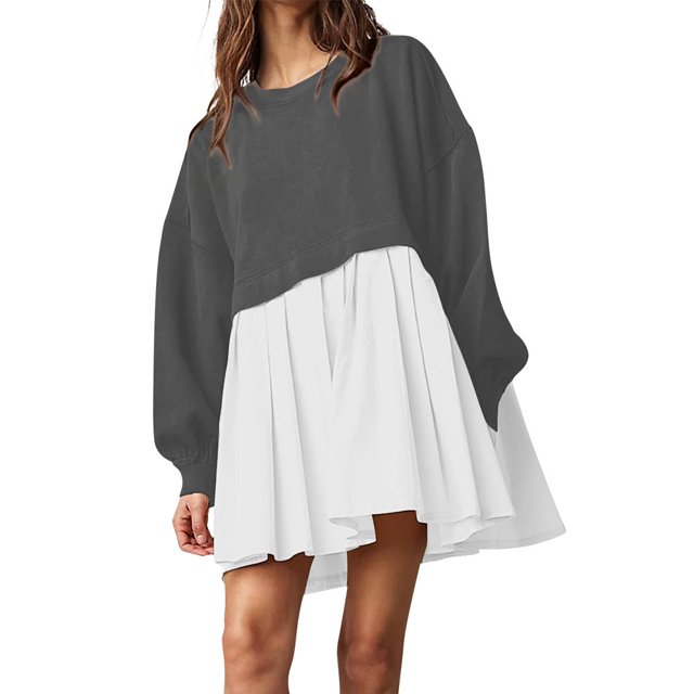 Womens Oversized Sweatshirt Dress Long Flowy Patchwork Pullover Tops Cute Drop Shoulder Sweatshirts Fall Long Sleeve Mini Dress Teen Girls Crewneck Solid Tunic Pleated Loose Clothing Beig