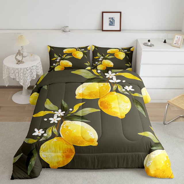 YST Kids Lemon Down Comforter Queen Size 3Pcs,Yellow Summer Lemon Comforter Set For Young,Hawaii Tropical Fruit Bedding Set,Farmhouse Green Leaf Down Comforter 1 Comforter with 2 Pillow Cases