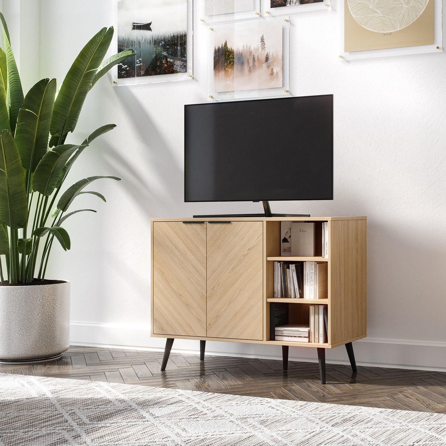 CorLiving Himari Engineered Wood Sideboard with Wood Legs, 2 Doors and 5 Shelves, Light Brown
