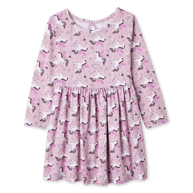 George Robe à Manches Longues pour Tout-Petites Filles, Robe en Tricot jersey 100 % Coton avec Col Ras du Cou, Manches Longues et Taille Froncée, Imprimé Intégral et Trou de Serrure au Dos avec Fermeture à Boutons, Convient aux Rendez-Vous de Jeu et au Port Quotidien.