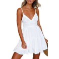 thumbnail image 1 of Robe Patineuse Mini Évasée pour Femmes à Col en V, Bretelles Spaghetti, Nœud, Dos Nu, Sans Manches, en Dentelle, 1 of 7