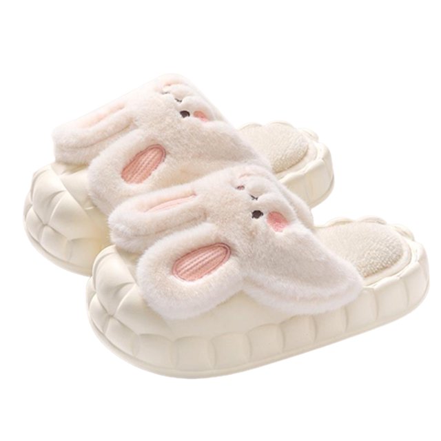 Womens Furry Slippers Plush Lining Cute Rabbit Removable Memory Foam Thick Bottom Soft Sole Comfortable Non-Slip Warm Winter Home Slippers White-07