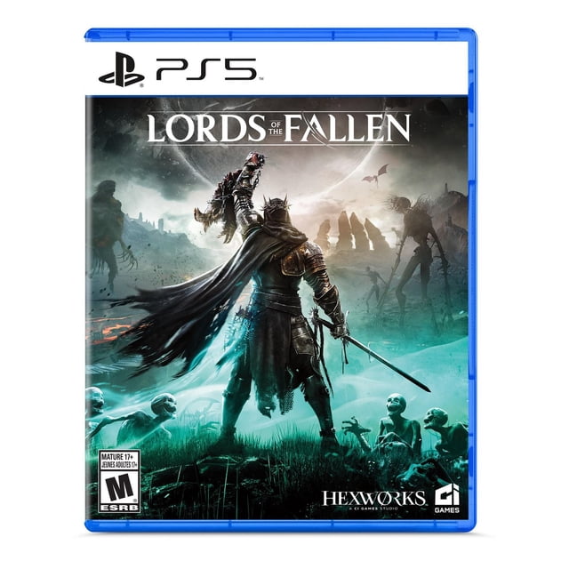 Lords of the Fallen (PS5) game cover showing a dark armored warrior holding a severed arm aloft and a sword in the other hand, standing on grassy terrain surrounded by skeletal creatures, with a large moon and ominous figures in a misty fantasy setting.