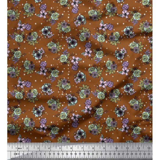 Soimoi Tissu en Coton Cambric Imprimé Étoile, Feuilles & Roses au Mètre 42 Pouces de Large