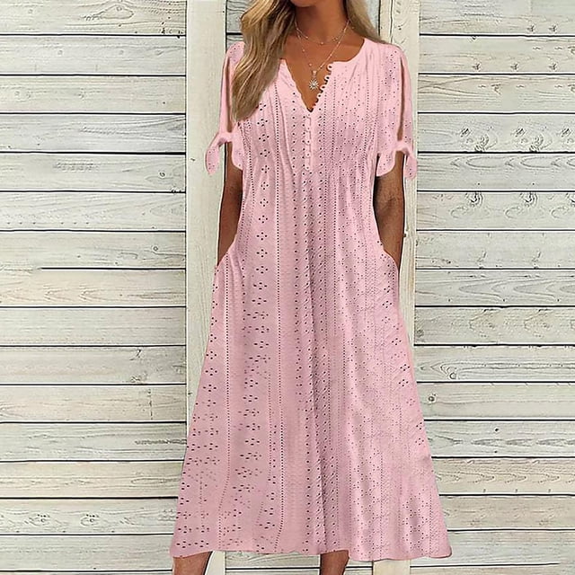 Babysbule Liquidation Robes d'Été pour Femmes, Mode Femmes Décontractée Ample Imprimé Papillon Col en V Manches Mi-Longues Boutons Poches Robe Longue