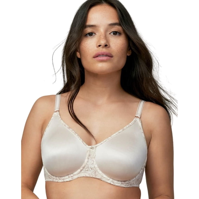 WonderBra Side Shaping Seamless Underwire Bra in light beige with smooth 2-ply molded cups, underwire and inner side shapers for shaping and support, adjustable straps, and subtle floral print trim for a seamless look under clothing.