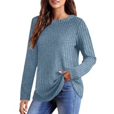 Pisexur Chandail à Manches Longues Femme Tissu de Haute Qualité Hauts pour Femmes T-shirt à Manches Longues Décontracté Ample à Col Rond Côtelé Brossé Uni Haut Bleu,P